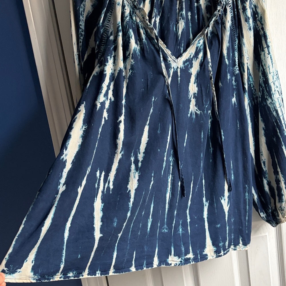 Knox Rose Women's XL Blue Tie Dye Blouse Ruffle Split Neckline Boho Peasant LS - Picture 9 of 13